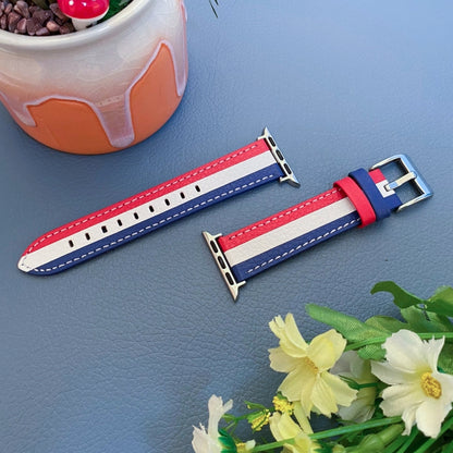 Color Matching Leather Watch Band For Apple Watch Ultra 49mm&Watch Ultra 2 49mm / Series 9&8&7 45mm / SE 3&SE 2&6&SE&5&4 44mm / 3&2&1 42mm(Blue White Red) by bashfashion