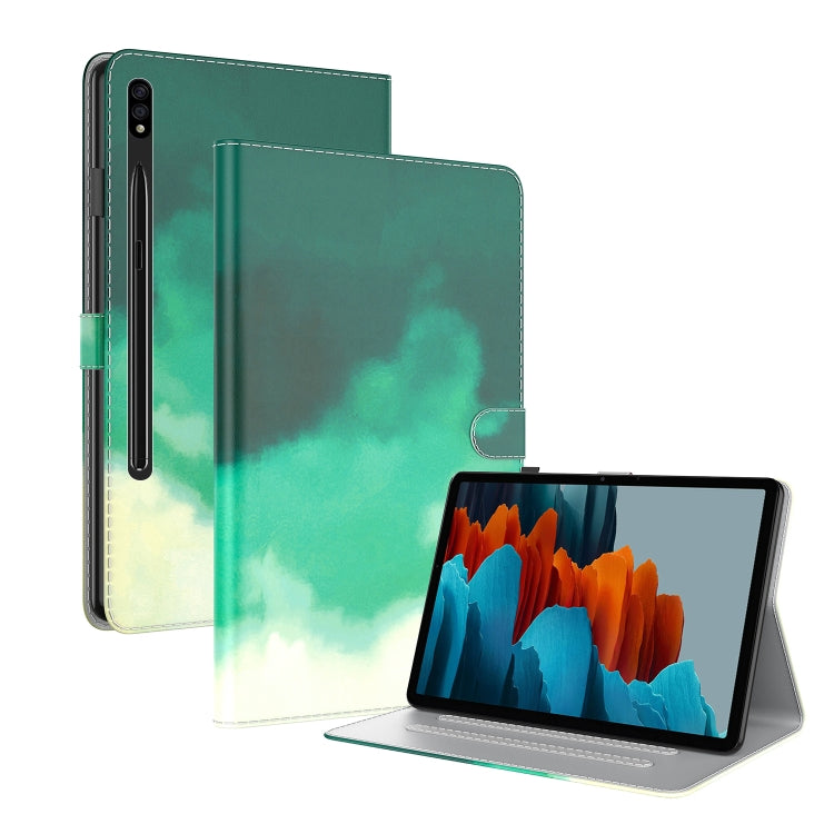 For Samsung Galaxy Tab S9+ Watercolor Pattern Flip Leather Tablet Case(Cyan Green) by bashfashion
