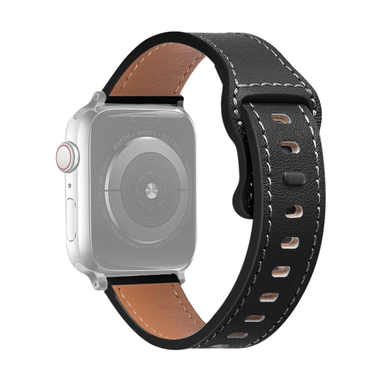 Butterfly Buckle Cowhide Leather Watch Band For Apple Watch Ultra 49mm&Watch Ultra 2 49mm / Series 9&8&7 45mm / SE 3&SE 2&6&SE&5&4 44mm / 3&2&1 42mm(Black) by bashfashion