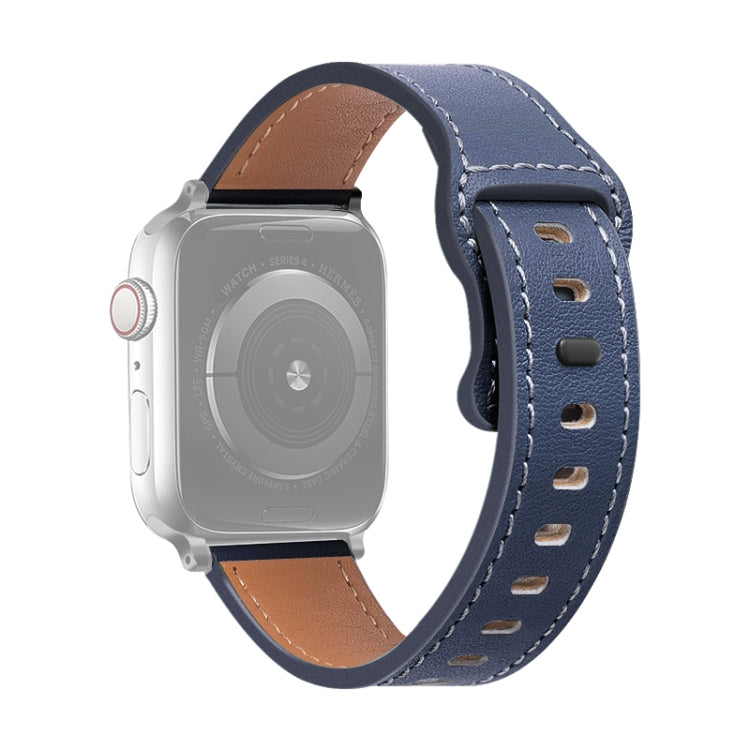 Butterfly Buckle Cowhide Leather Watch Band For Apple Watch Ultra 49mm&Watch Ultra 2 49mm / Series 9&8&7 45mm / SE 3&SE 2&6&SE&5&4 44mm / 3&2&1 42mm(Midnight Blue) by bashfashion