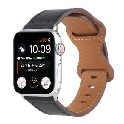 Crazy Horse Leather Butterfly Buckle Watch Band For Apple Watch Ultra 49mm&Watch Ultra 2 49mm / Series 9&8&7 45mm / SE 3&SE 2&6&SE&5&4 44mm / 3&2&1 42mm(Black) by bashfashion