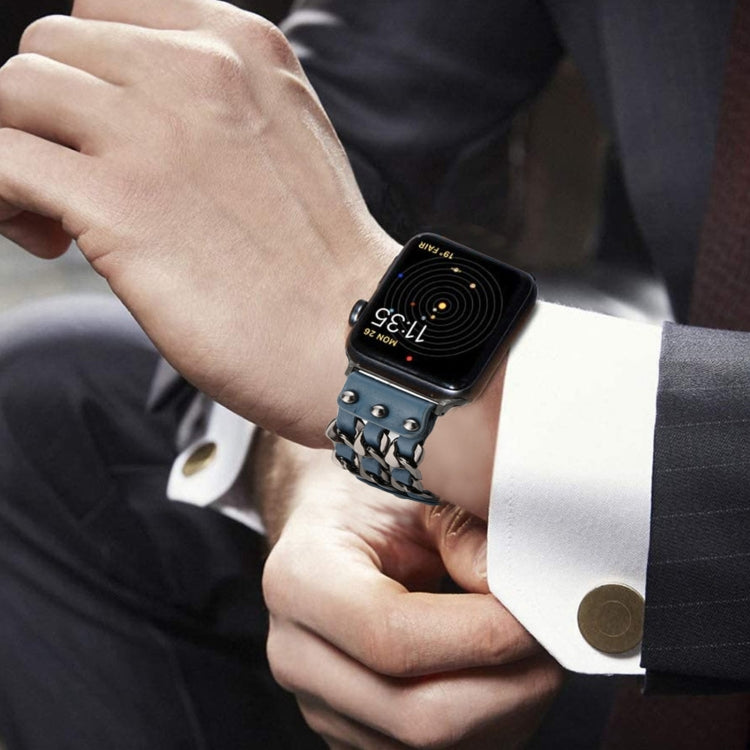 Genuine Leather Male Style Watch Band For Apple Watch Series 9&8&7 41mm / SE 3&SE 2&6&SE&5&4 40mm / 3&2&1 38mm(Blue) by bashfashion