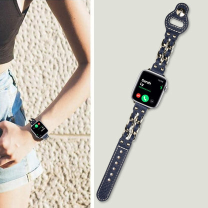 Genuine Leather Female Style Watch Band For Apple Watch Series 9&8&7 41mm / SE 3&SE 2&6&SE&5&4 40mm / 3&2&1 38mm(Blue) by bashfashion