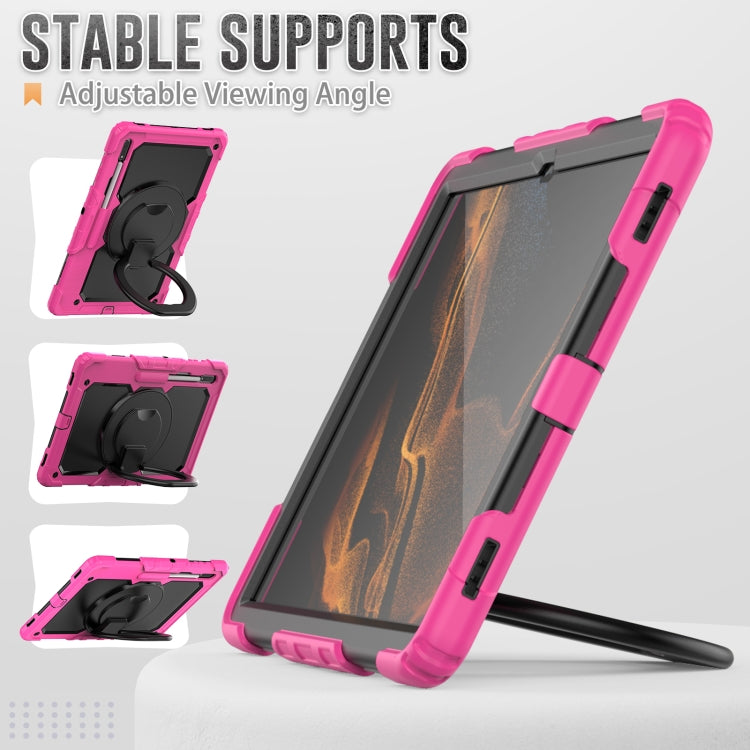 For Samsung Galaxy Tab S8 Ultra Shoulder Strap Silicone + PC Tablet Case(Rose Red Black) by bashfashion