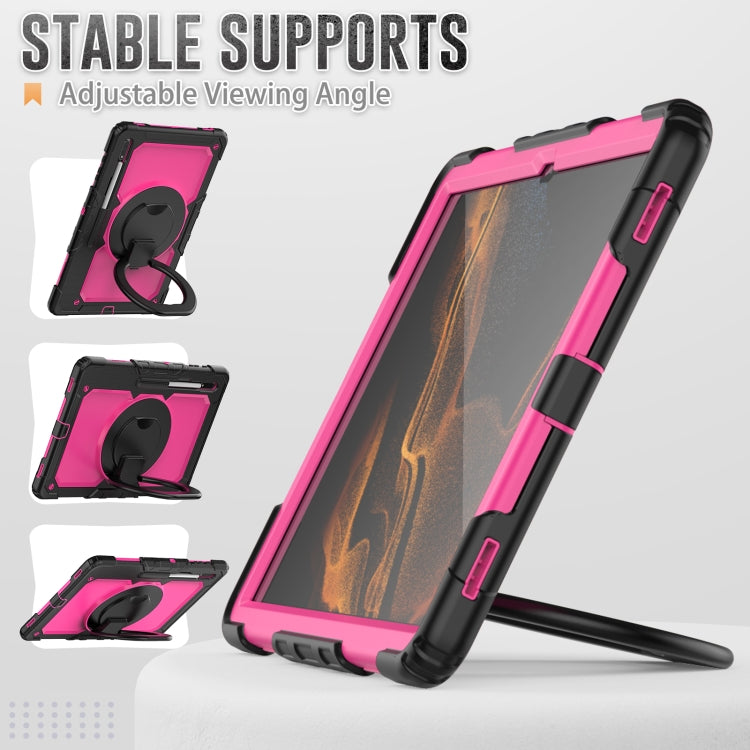 For Samsung Galaxy Tab S8 Ultra Shoulder Strap Silicone + PC Tablet Case(Black Rose Red) by bashfashion