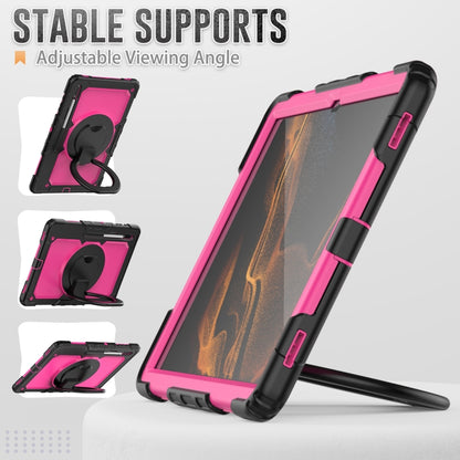 For Samsung Galaxy Tab S8 Ultra Shoulder Strap Silicone + PC Tablet Case(Black Rose Red) by bashfashion