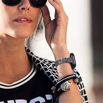 Four-row Diamond-set Metal Watch Band For Apple Watch Series 9&8&7 41mm / SE 3&SE 2&6&SE&5&4 40mm / 3&2&1 38mm(Black) by bashfashion