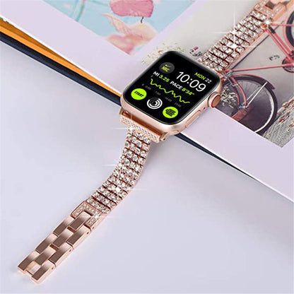 Four-row Diamond-set Metal Watch Band For Apple Watch Series 9&8&7 41mm / SE 3&SE 2&6&SE&5&4 40mm / 3&2&1 38mm(Rose Gold) by bashfashion