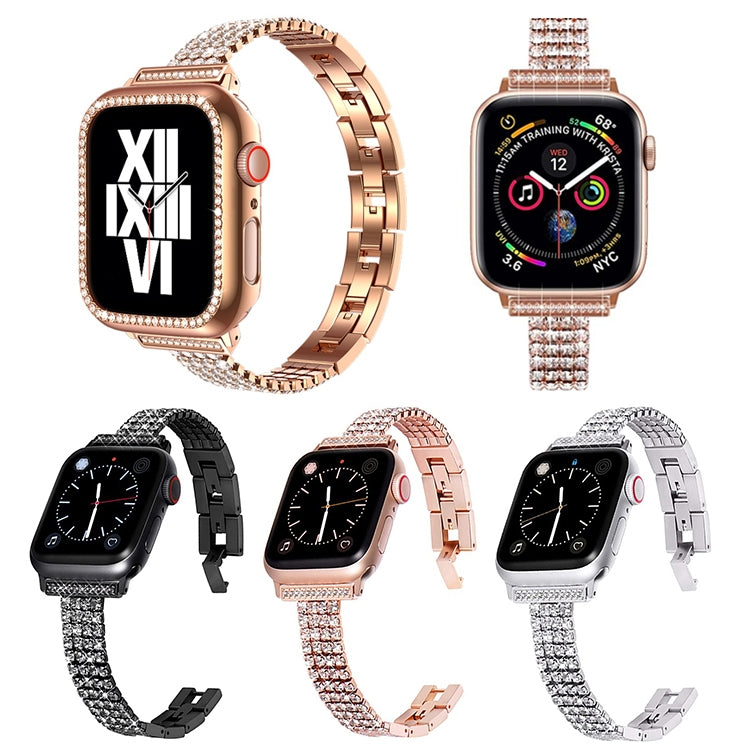 Four-row Diamond-set Metal Watch Band For Apple Watch Series 9&8&7 41mm / SE 3&SE 2&6&SE&5&4 40mm / 3&2&1 38mm(Black) by bashfashion