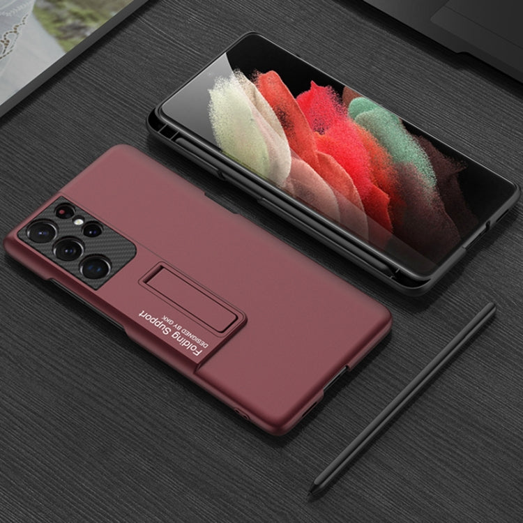 For Samsung Galaxy S21 Ultra 5G GKK Ultra-thin Shockproof Phone Case with Holder & Pen Slots & Stylus Pen(Forest Green) by GKK