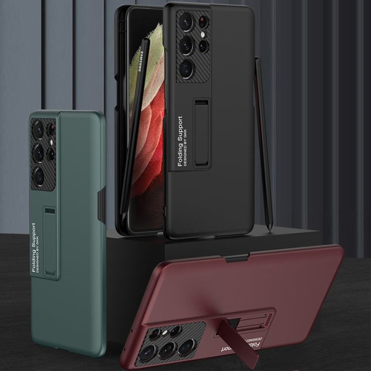 For Samsung Galaxy S21 Ultra 5G GKK Ultra-thin Shockproof Phone Case with Holder & Pen Slots & Stylus Pen(Forest Green) by GKK