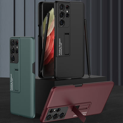 For Samsung Galaxy S21 Ultra 5G GKK Ultra-thin Shockproof Phone Case with Holder & Pen Slots & Stylus Pen(Forest Green) by GKK