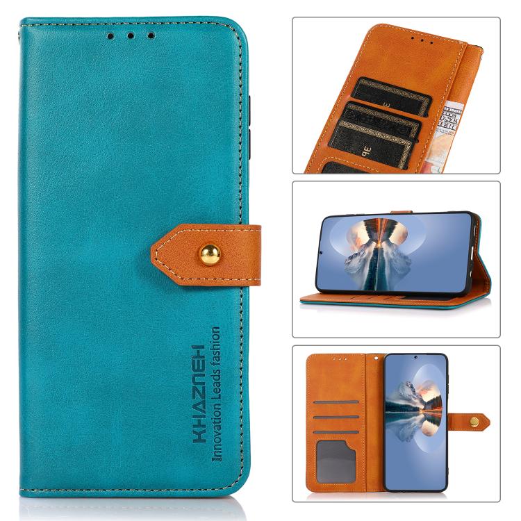 For iPhone 15 KHAZNEH Dual-color Cowhide Texture Flip Leather Phone Case(Blue) by bashfashion