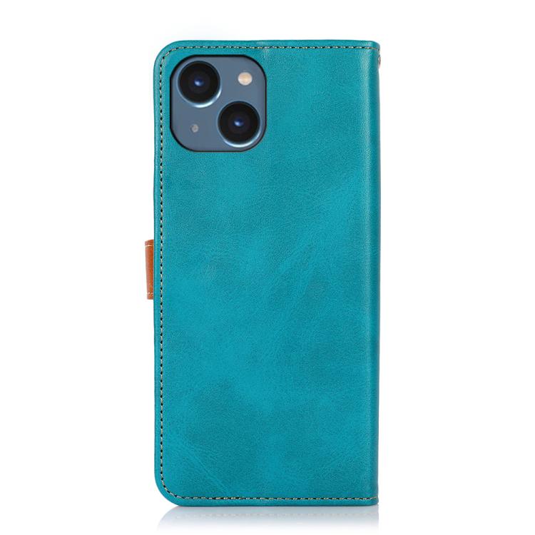 For iPhone 15 KHAZNEH Dual-color Cowhide Texture Flip Leather Phone Case(Blue) by bashfashion
