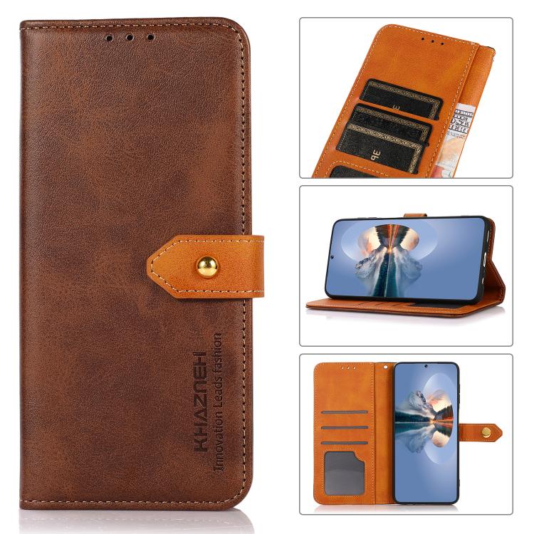 For iPhone 15 KHAZNEH Dual-color Cowhide Texture Flip Leather Phone Case(Brown) by bashfashion