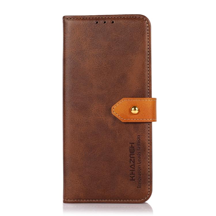 For iPhone 15 KHAZNEH Dual-color Cowhide Texture Flip Leather Phone Case(Brown) by bashfashion