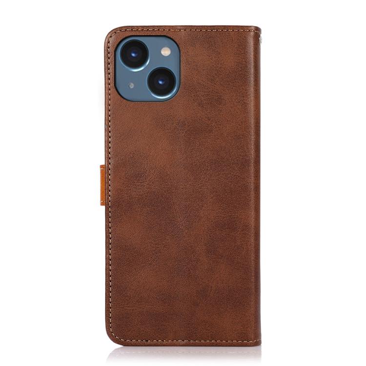 For iPhone 15 KHAZNEH Dual-color Cowhide Texture Flip Leather Phone Case(Brown) by bashfashion