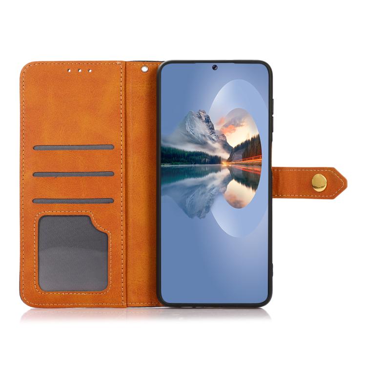 For iPhone 15 KHAZNEH Dual-color Cowhide Texture Flip Leather Phone Case(Brown) by bashfashion