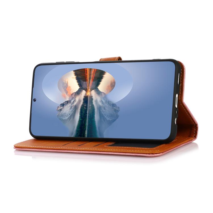 For iPhone 15 KHAZNEH Dual-color Cowhide Texture Flip Leather Phone Case(Brown) by bashfashion