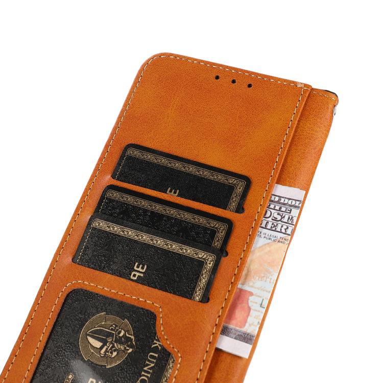 For iPhone 15 KHAZNEH Dual-color Cowhide Texture Flip Leather Phone Case(Brown) by bashfashion