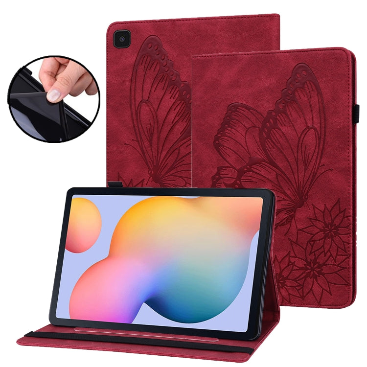 For Samsung Galaxy Tab S6 Lite P610 Big Butterfly Embossed Smart Leather Tablet Case(Red) by bashfashion