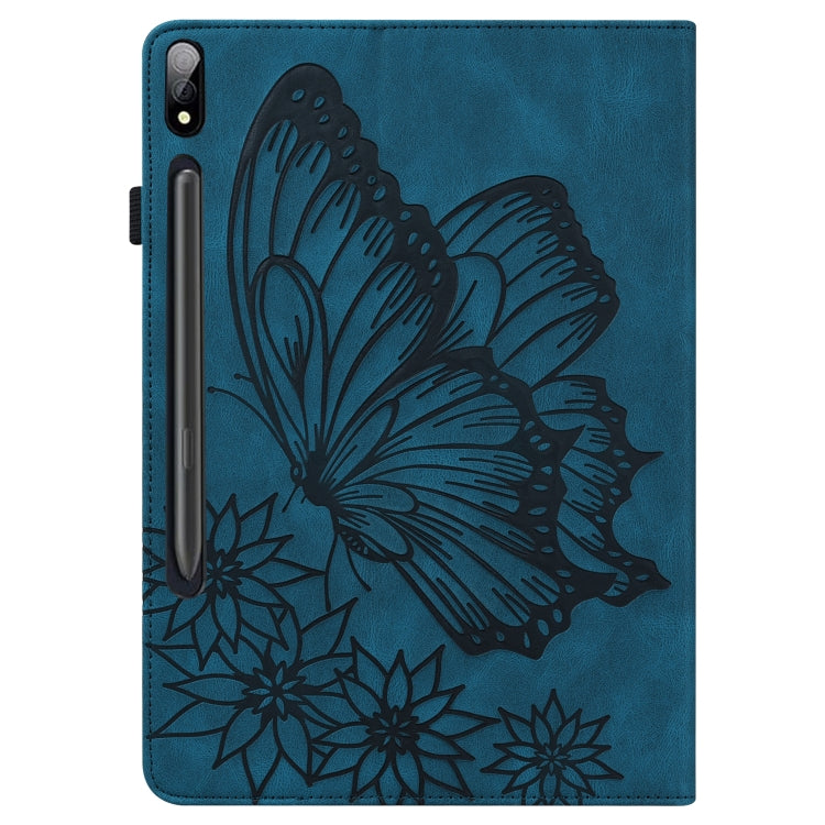For Samsung Galaxy Tab S7 T870 Big Butterfly Embossed Leather Tablet Case(Blue) by bashfashion