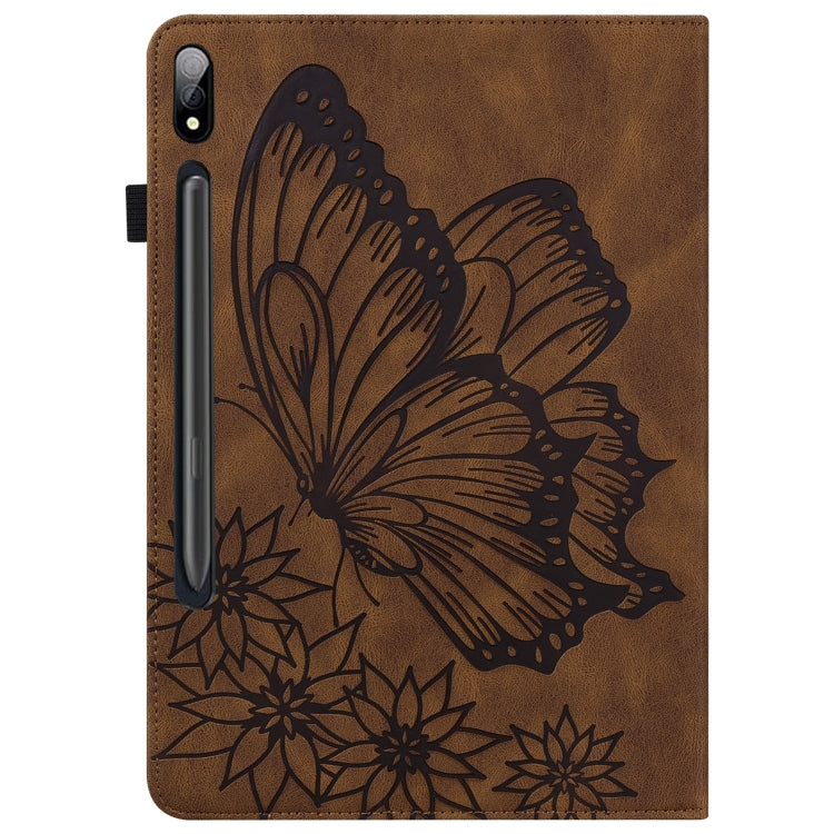 For Samsung Galaxy Tab S7 T870 Big Butterfly Embossed Leather Tablet Case(Brown) by bashfashion