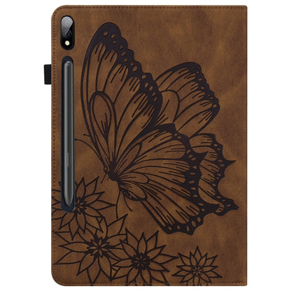 For Samsung Galaxy Tab S7 T870 Big Butterfly Embossed Leather Tablet Case(Brown) by bashfashion