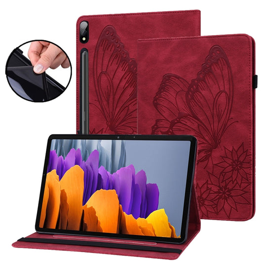 For Samsung Galaxy Tab S7 T870 Big Butterfly Embossed Leather Tablet Case(Red) by bashfashion