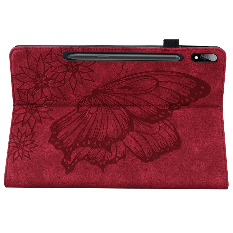 For Samsung Galaxy Tab S7 T870 Big Butterfly Embossed Leather Tablet Case(Red) by bashfashion