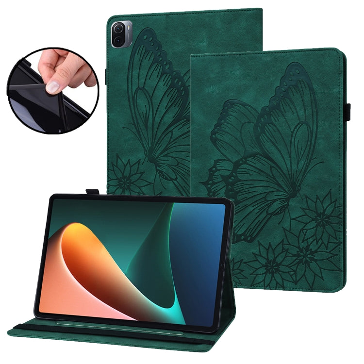 For Xiaomi Pad 5 Pro Big Butterfly Embossed Leather Tablet Case(Green) by bashfashion