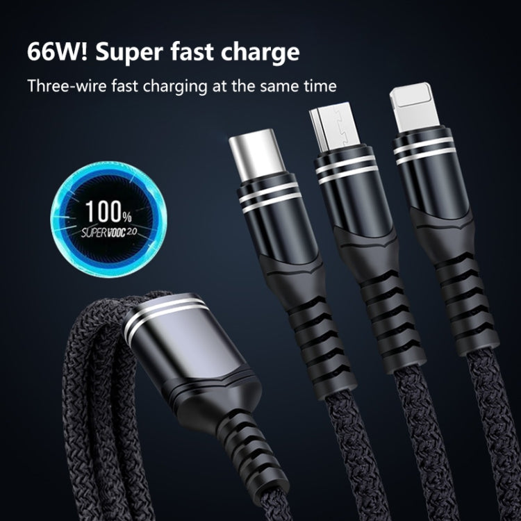 6A 66W 3 in 1 USB to 8 Pin + Micro USB + USB-C / Type-CFast Charging Braided Data Cable(Black) by bashfashion