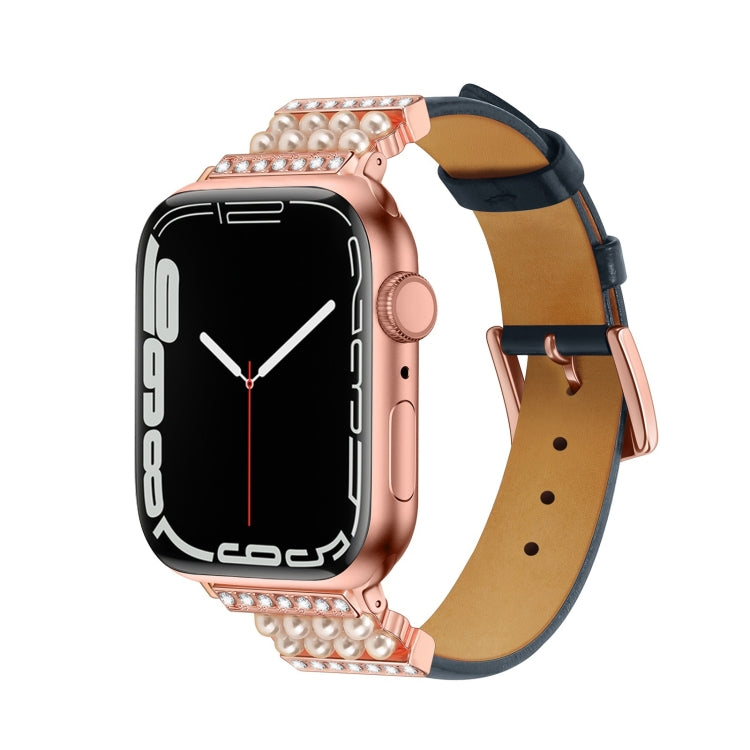 Pearl Diamond Leather Watch Band For Apple Watch Series 9&8&7 41mm / SE 3&SE 2&6&SE&5&4 40mm / 3&2&1 38mm(Dark Blue) by bashfashion
