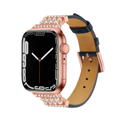 Pearl Diamond Leather Watch Band For Apple Watch Series 9&8&7 41mm / SE 3&SE 2&6&SE&5&4 40mm / 3&2&1 38mm(Dark Blue) by bashfashion