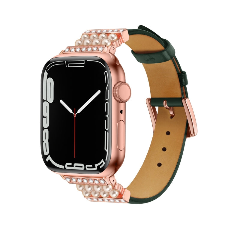 Pearl Diamond Leather Watch Band For Apple Watch Series 9&8&7 41mm / SE 3&SE 2&6&SE&5&4 40mm / 3&2&1 38mm(Dark Green) by bashfashion