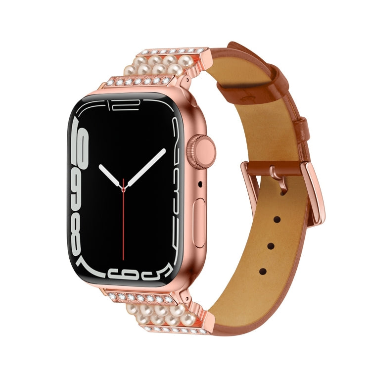 Pearl Diamond Leather Watch Band For Apple Watch Series 9&8&7 41mm / SE 3&SE 2&6&SE&5&4 40mm / 3&2&1 38mm(Brown) by bashfashion