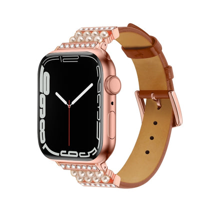 Pearl Diamond Leather Watch Band For Apple Watch Series 9&8&7 41mm / SE 3&SE 2&6&SE&5&4 40mm / 3&2&1 38mm(Brown) by bashfashion