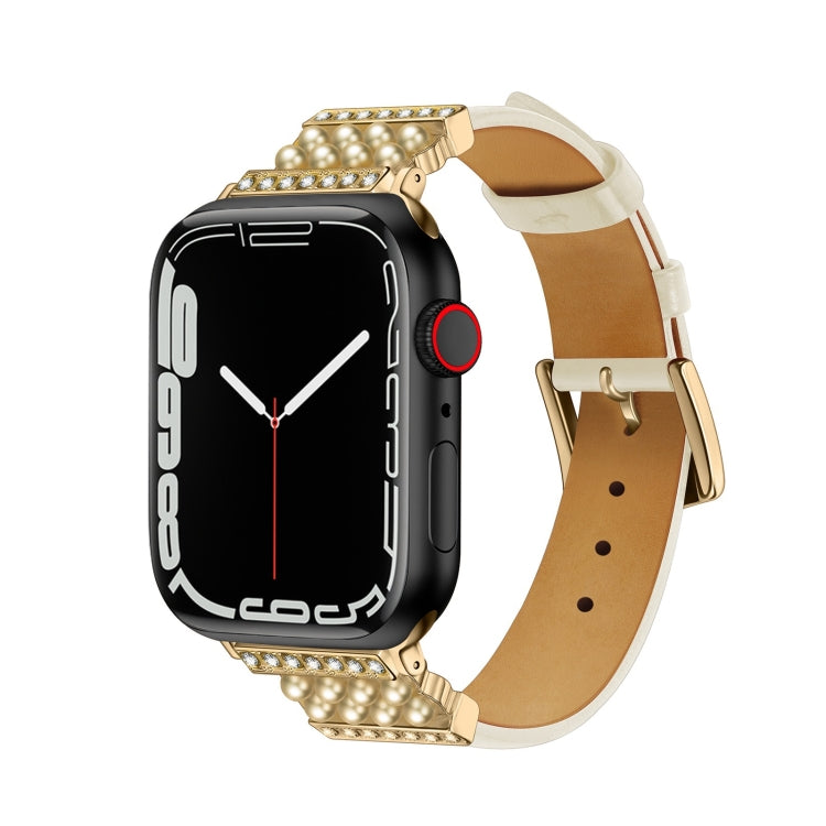 Pearl Diamond Leather Watch Band For Apple Watch Series 9&8&7 41mm / SE 3&SE 2&6&SE&5&4 40mm / 3&2&1 38mm(White) by bashfashion