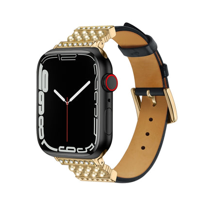 Pearl Diamond Leather Watch Band For Apple Watch Series 9&8&7 41mm / SE 3&SE 2&6&SE&5&4 40mm / 3&2&1 38mm(Black) by bashfashion