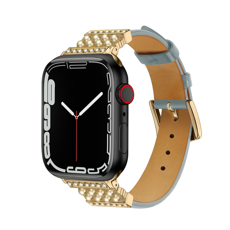 Pearl Diamond Leather Watch Band For Apple Watch Series 9&8&7 41mm / SE 3&SE 2&6&SE&5&4 40mm / 3&2&1 38mm(Blue Grey) by bashfashion