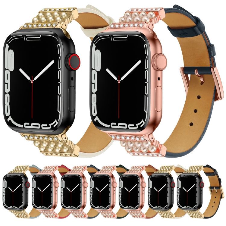 Pearl Diamond Leather Watch Band For Apple Watch Series 9&8&7 41mm / SE 3&SE 2&6&SE&5&4 40mm / 3&2&1 38mm(White) by bashfashion