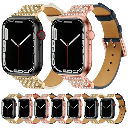 Pearl Diamond Leather Watch Band For Apple Watch Series 9&8&7 41mm / SE 3&SE 2&6&SE&5&4 40mm / 3&2&1 38mm(Black) by bashfashion