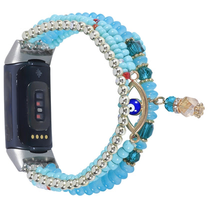 For Fitbit Charge 5 Eye Bead Chain Watch Band(Lake Blue) by bashfashion