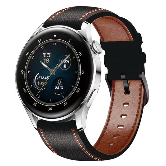 For Huawei Watch GT 3 46mm / GT Runner 22mm Tricolor Stitching Genuine Leather Watch Band(Black) by bashfashion