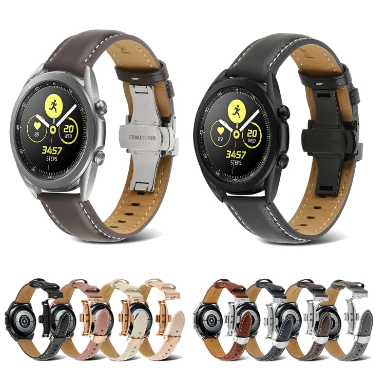 For Samsung Galaxy Watch4 20mm Butterfly Buckle Stitching Genuine Leather Watch Band(Apricot) by bashfashion