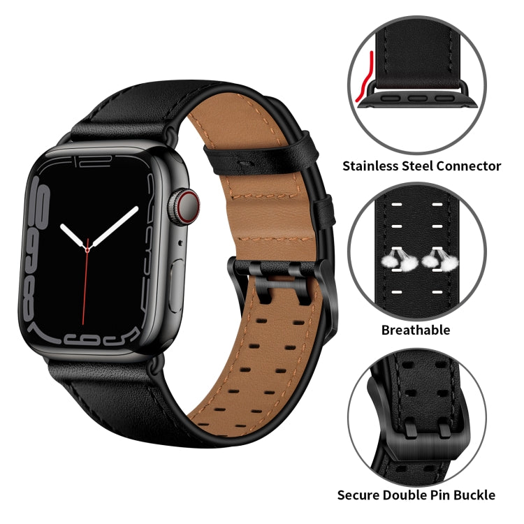 Double Buckles Leather Watch Band For Apple Watch Series 9&8&7 41mm / SE 3&SE 2&6&SE&5&4 40mm / 3&2&1 38mm(Black Black Buckle) by bashfashion