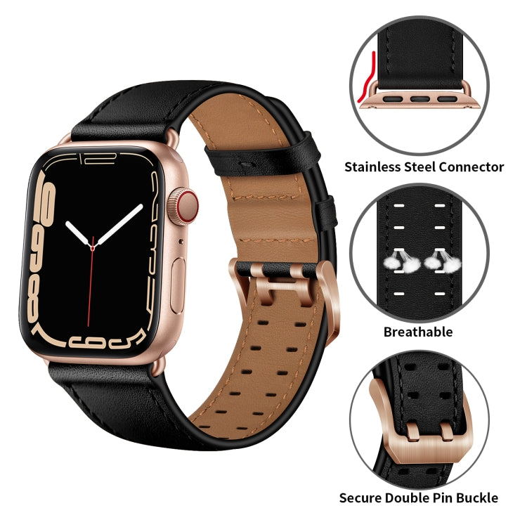 Double Buckles Leather Watch Band For Apple Watch Series 9&8&7 41mm / SE 3&SE 2&6&SE&5&4 40mm / 3&2&1 38mm(Black Rose Gold Buckle) by bashfashion