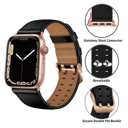 Double Buckles Leather Watch Band For Apple Watch Series 9&8&7 41mm / SE 3&SE 2&6&SE&5&4 40mm / 3&2&1 38mm(Black Rose Gold Buckle) by bashfashion