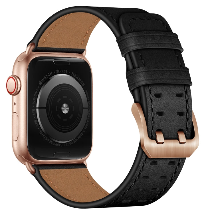 Double Buckles Leather Watch Band For Apple Watch Series 9&8&7 41mm / SE 3&SE 2&6&SE&5&4 40mm / 3&2&1 38mm(Black Rose Gold Buckle) by bashfashion