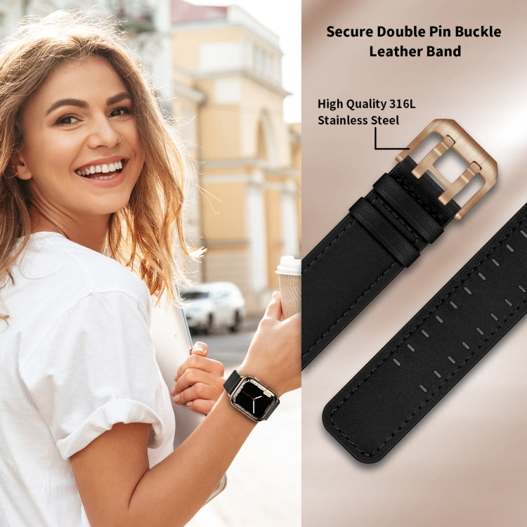 Double Buckles Leather Watch Band For Apple Watch Series 9&8&7 41mm / SE 3&SE 2&6&SE&5&4 40mm / 3&2&1 38mm(Black Rose Gold Buckle) by bashfashion